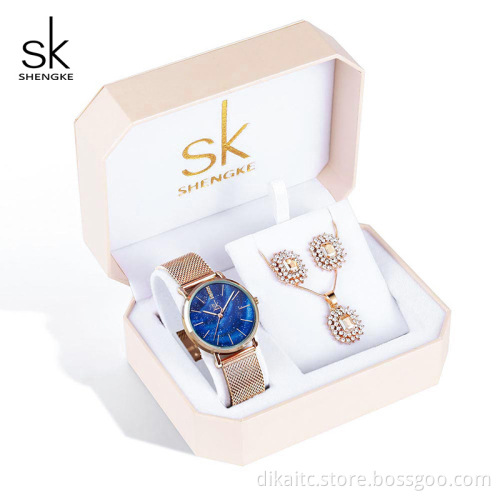 SK Top Luxury Women Watch Gift Set For Wedding Rose Gold Bracelet Necklace Jewelry Gift Set For Wife Regalo de San Valentin